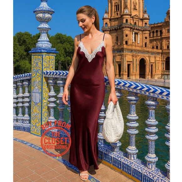 ZARA Blogger Favorite Satin-Effect Lace Maxi Dress NWT – Burgundy, Size M & L - Picture 3 of 16
